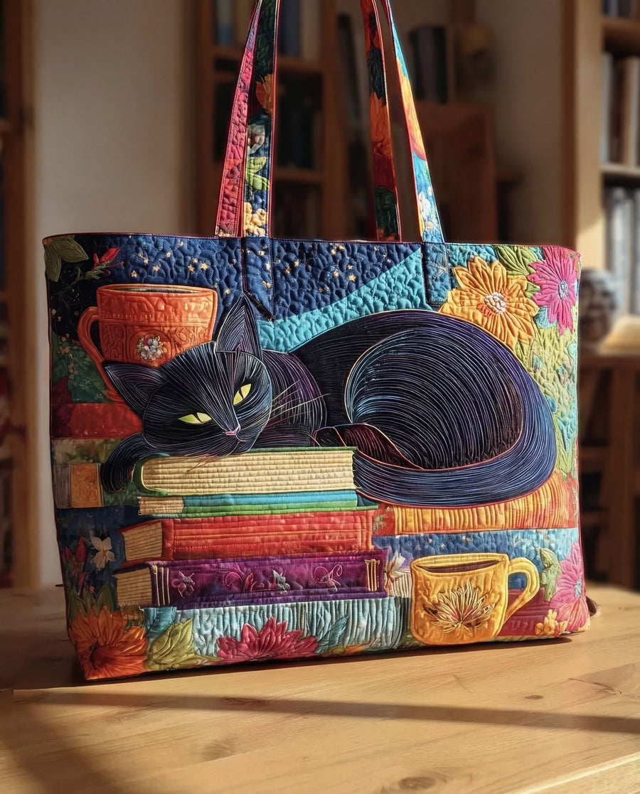 Handgefertigte Tasche „Schwarze Katze mit Büchern und Tassen“